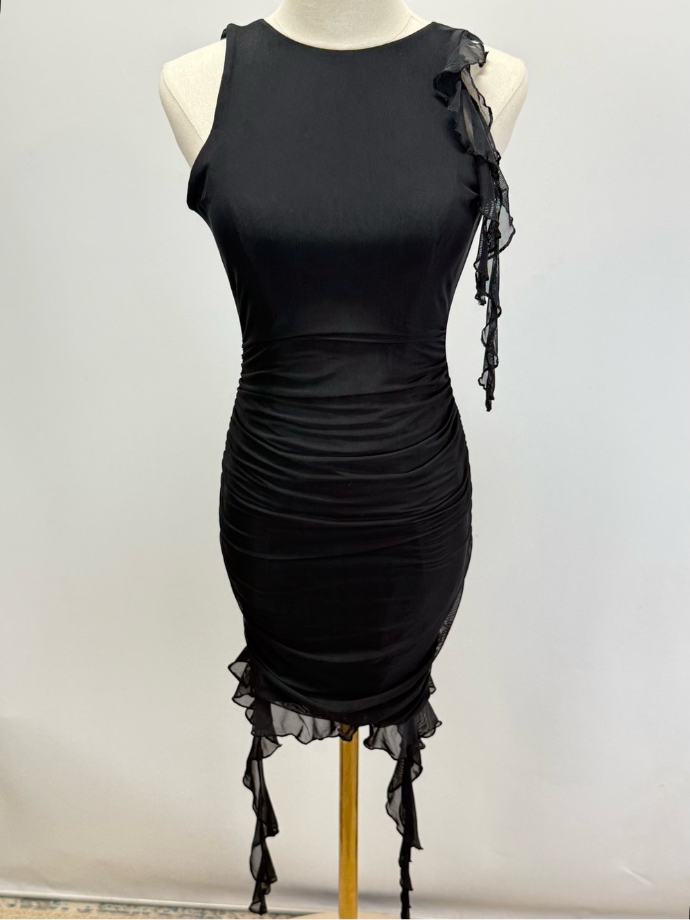 OH POLLY Black Sleeveless Ruffle-Detail Bodycon Mini Dress size 6 - Picture 4 of 15